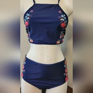 Women’s Two Piece Swimsuit Size M Navy Blue  FLORAL High Waisted